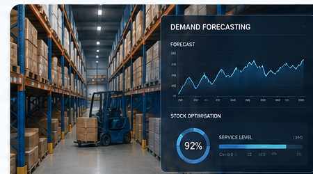 Warehouse with AI demand forecasting and inventory dashboard