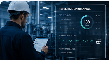 Engineer using AI predictive maintenance dashboard in an industrial facility