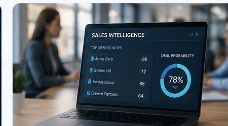 Sales opportunity intelligence dashboard on a laptop in a business meeting